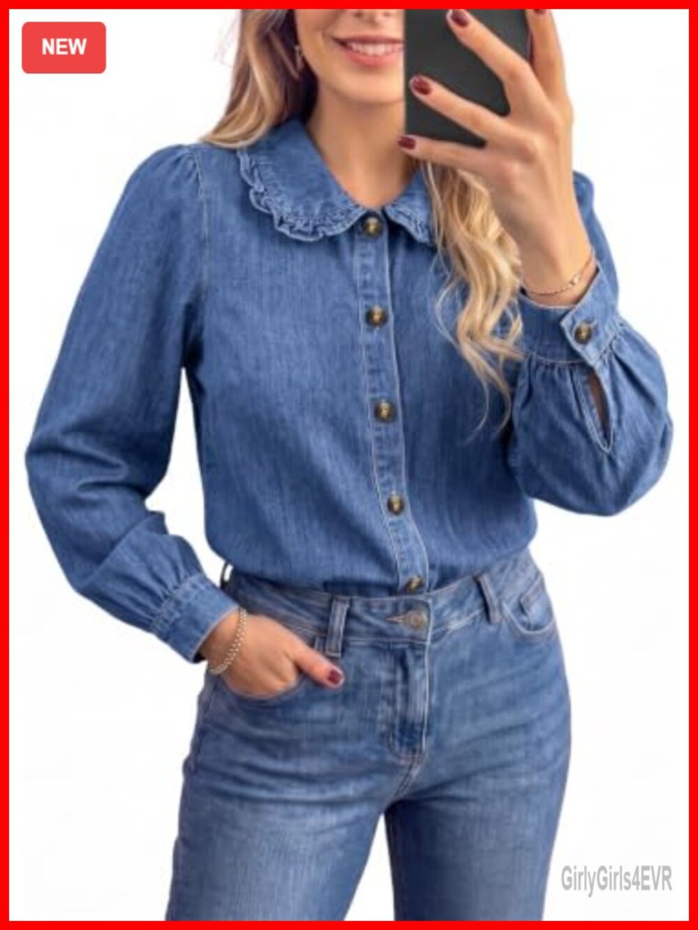 Sidefeel Womens Long Sleeve Peter Pan Collar Denim Button Down Shirt